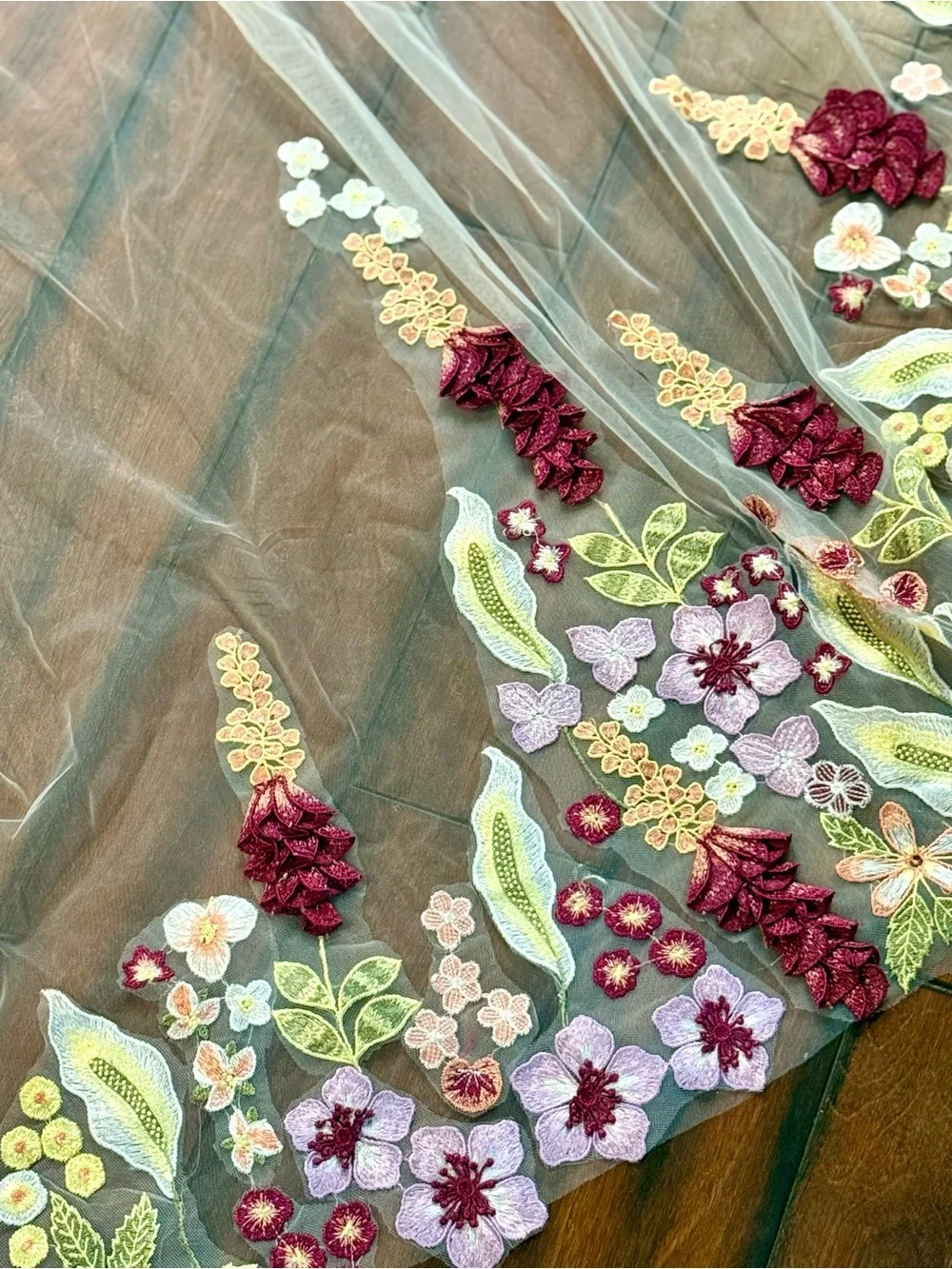 Floral Embroidered Cathedral Veil with Burgundy & Lilac Accents